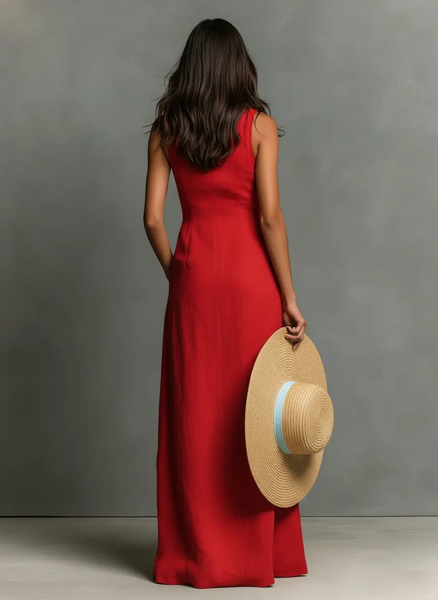 Women's Sleeveless Collared Linen Maxi Dress Button-Front Deep V-Neck Beach