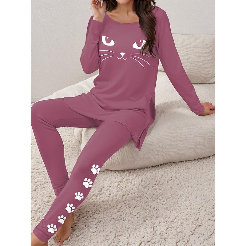 Wrenova | Women's Cat Print Loungewear Set