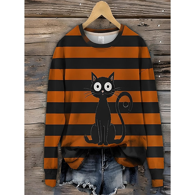 Wrenova | Women's Halloween Cat Striped Sweatshirt