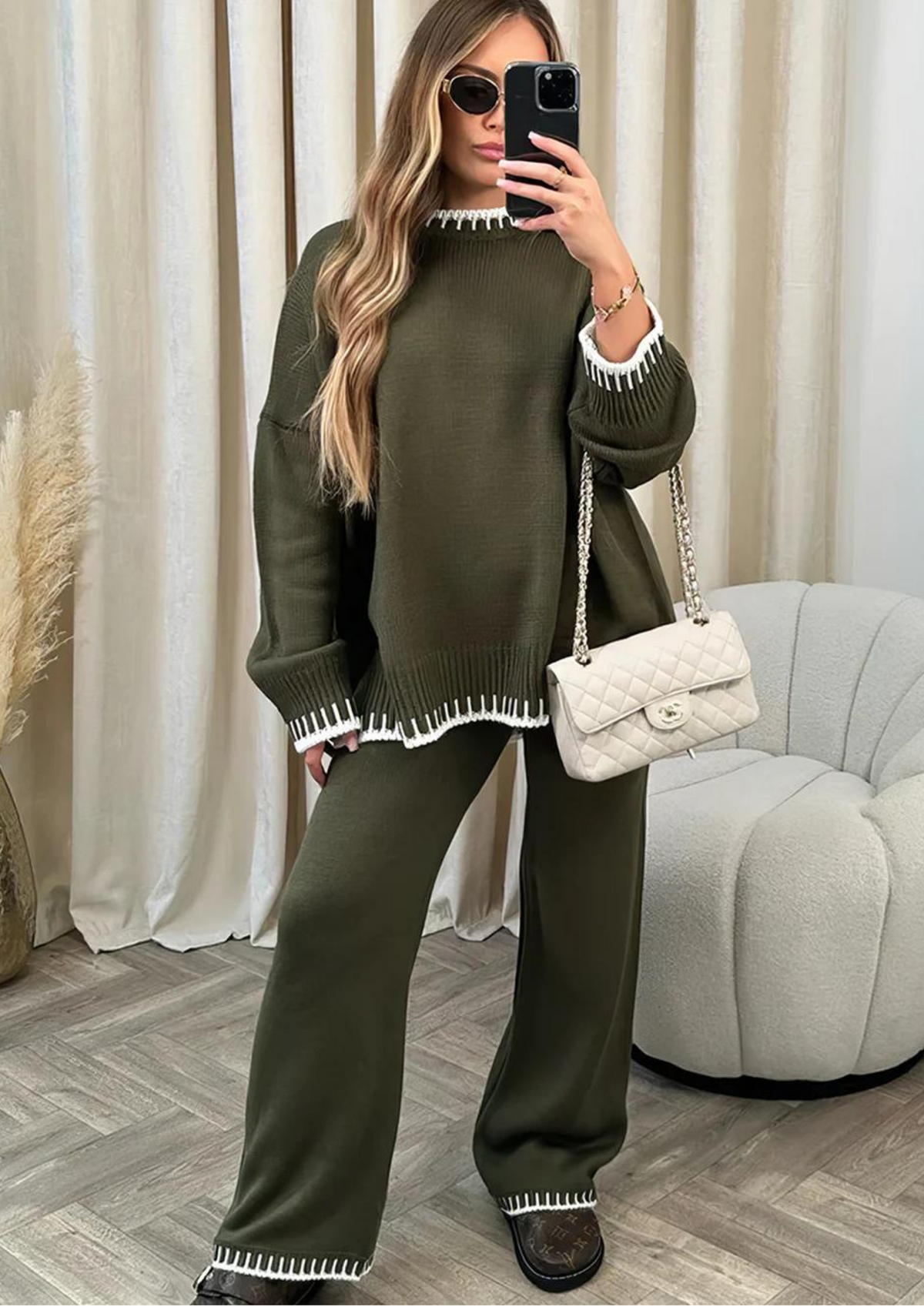 Zindell | Women's Knit Loungewear Set with Wide-Leg Pants