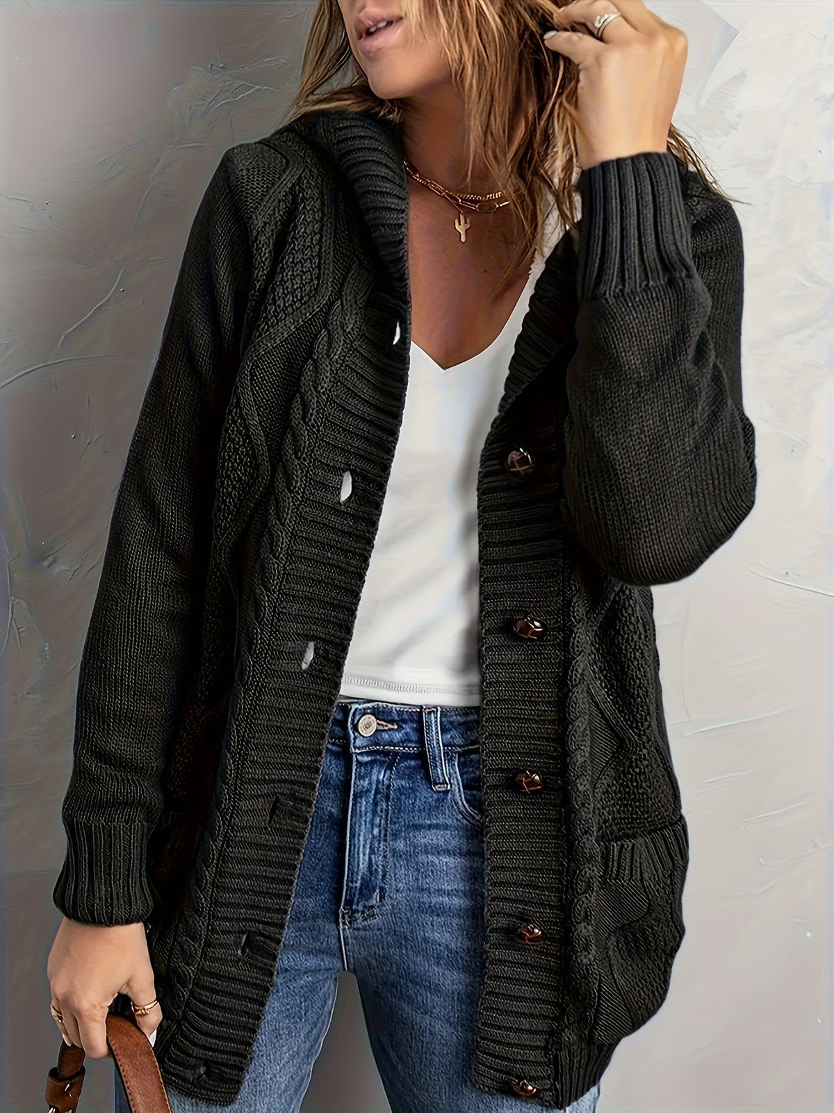 Zolvara | Women's Hooded Cable Knit Cardigan