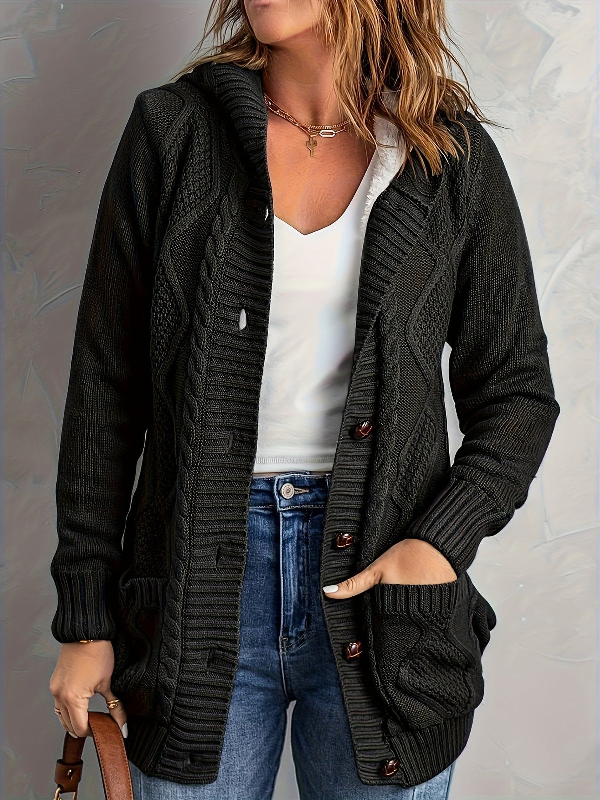 Zolvara | Women's Hooded Cable Knit Cardigan