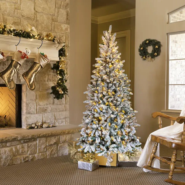 Pre-Lit Snow Flocked Pencil Christmas Tree 7ft – 400 Lights, 1100 Tips, Hinged Slim Pine