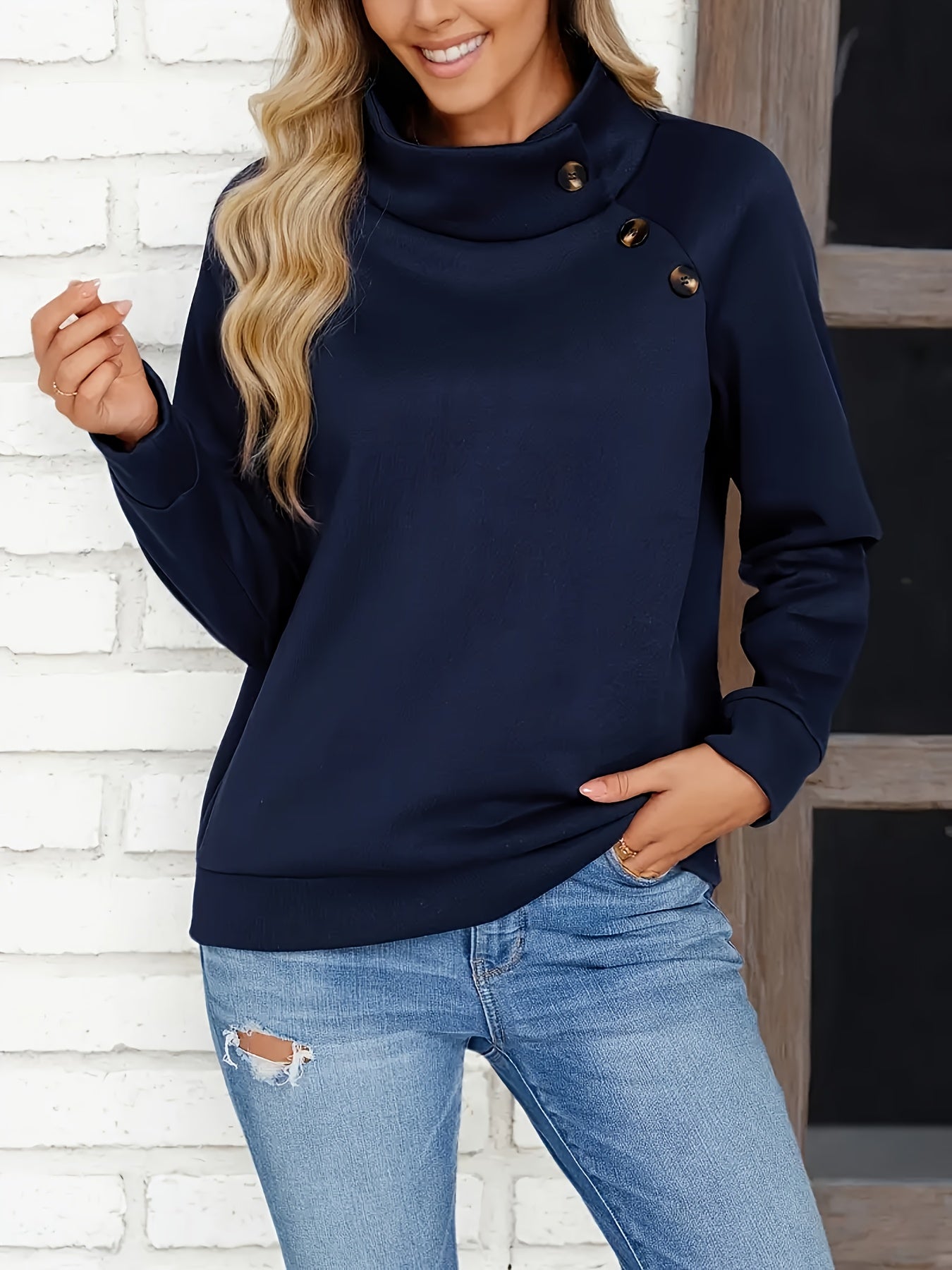 Refined Mock Neck Button-Accent Sweatshirt