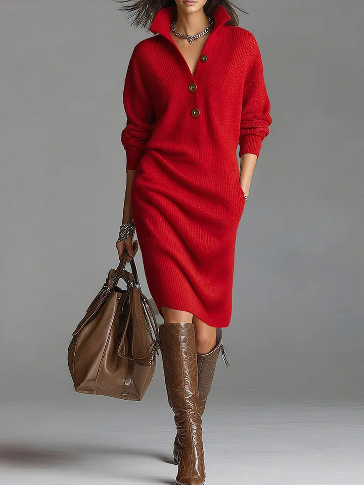 Fatima | Women's Collared Knit Midi Fall Sweater Dress