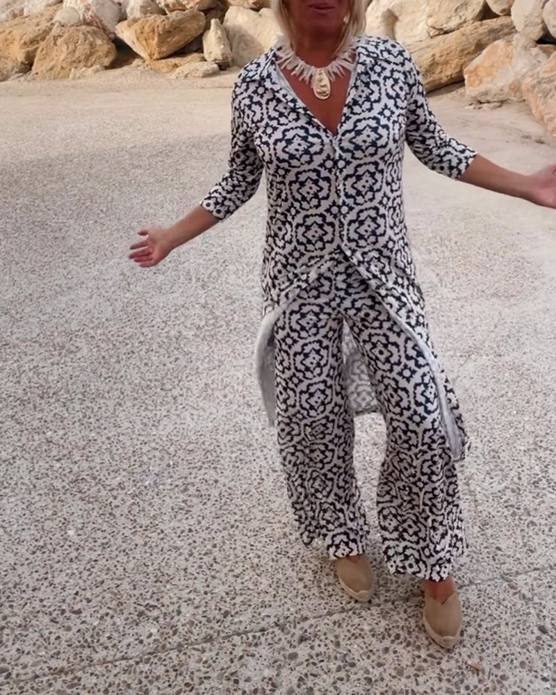 Mosa | Women's Printed Two Piece Set Longline Shirt Straight Pants