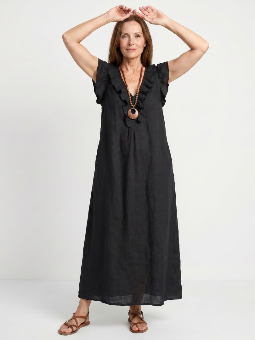 Women's Ruffle Trim V-Neck Sleeveless Midi Dress Blue Casual Beach