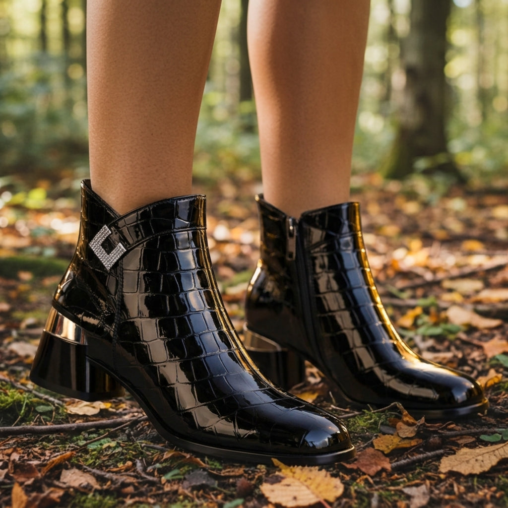 Elegant Croc Embossed Ankle Boots Block Heel
