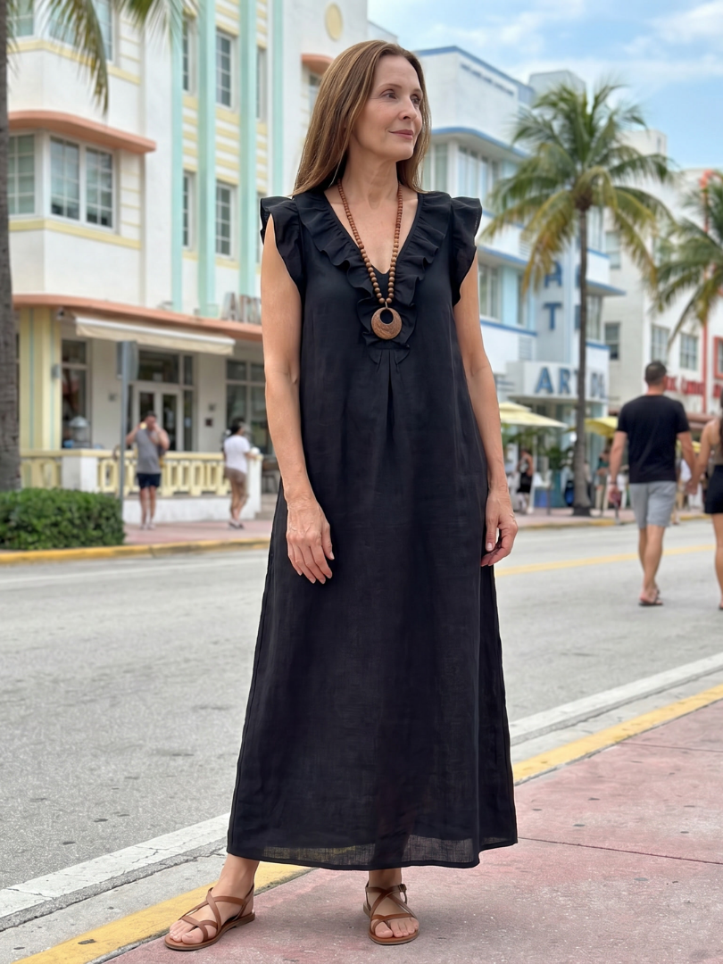 Women's Ruffle Trim V-Neck Sleeveless Midi Dress Blue Casual Beach