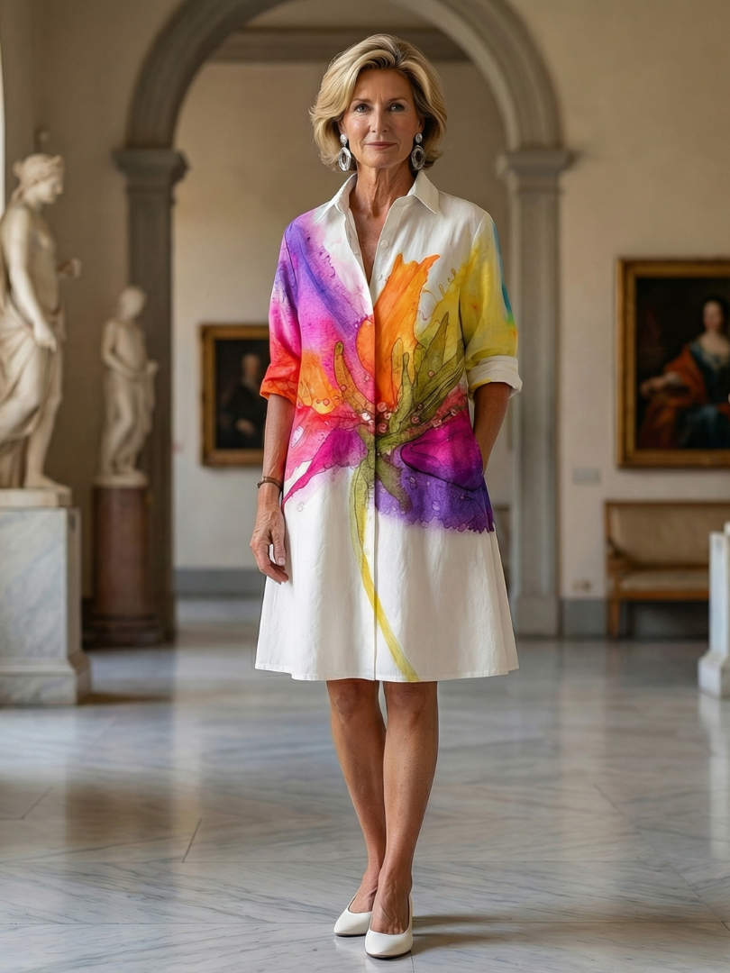 Women's Watercolor Floral Shirt Dress V-Neck Long Sleeve Button-Up Knee-Length Casual