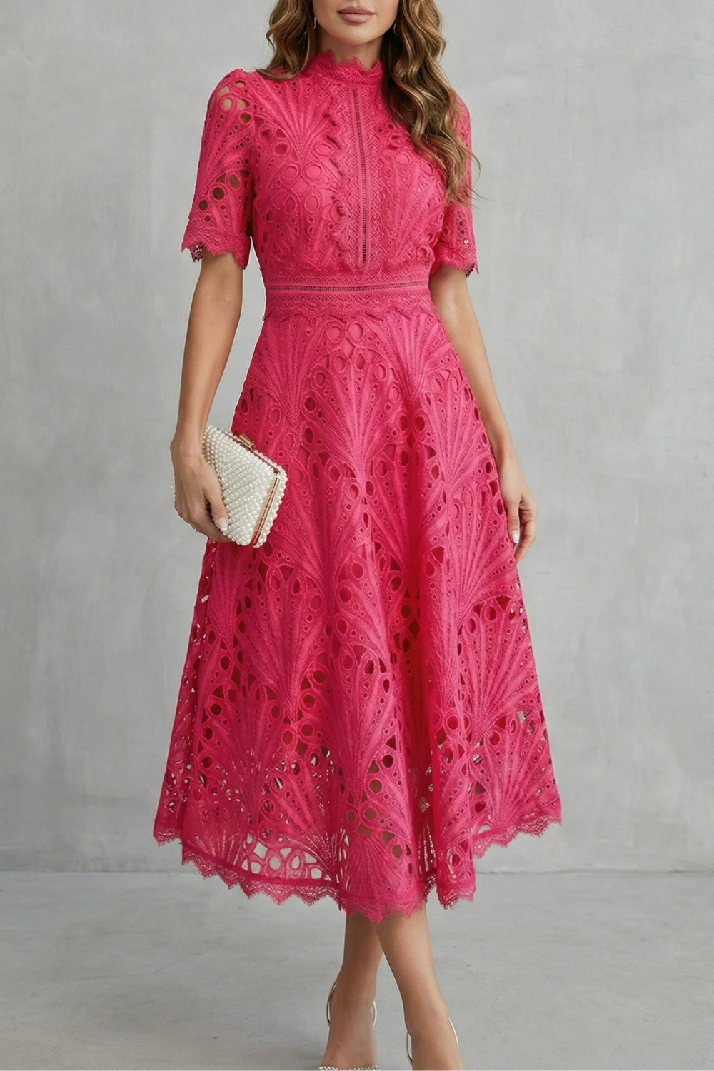 Women's Lace Midi Dress High Neck Short Sleeve Eyelet A-Line Cocktail Party