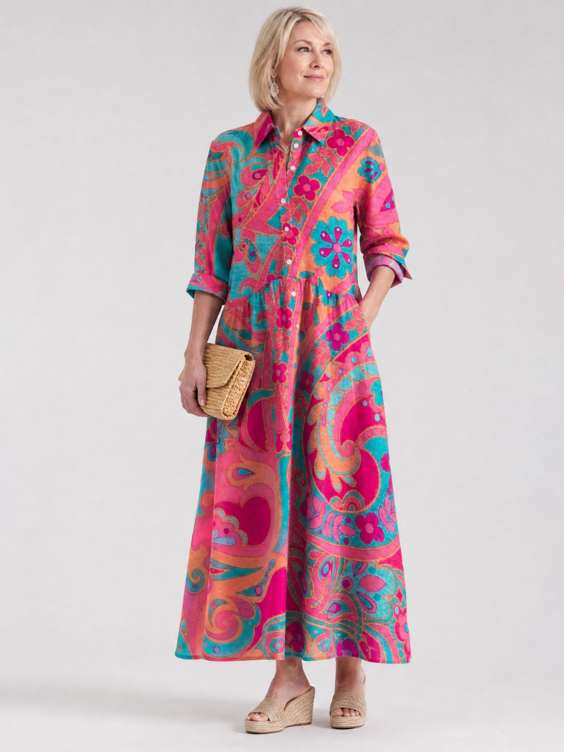 Women's Floral Midi Shirt Dress Button Front Collared 3/4 Sleeve Paisley Print