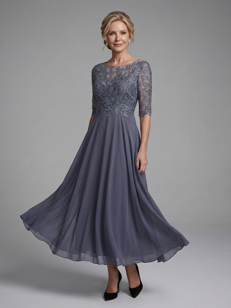 Women's Lace Bodice Midi Dress Sheer Half Sleeve Round Neck A-Line Formal
