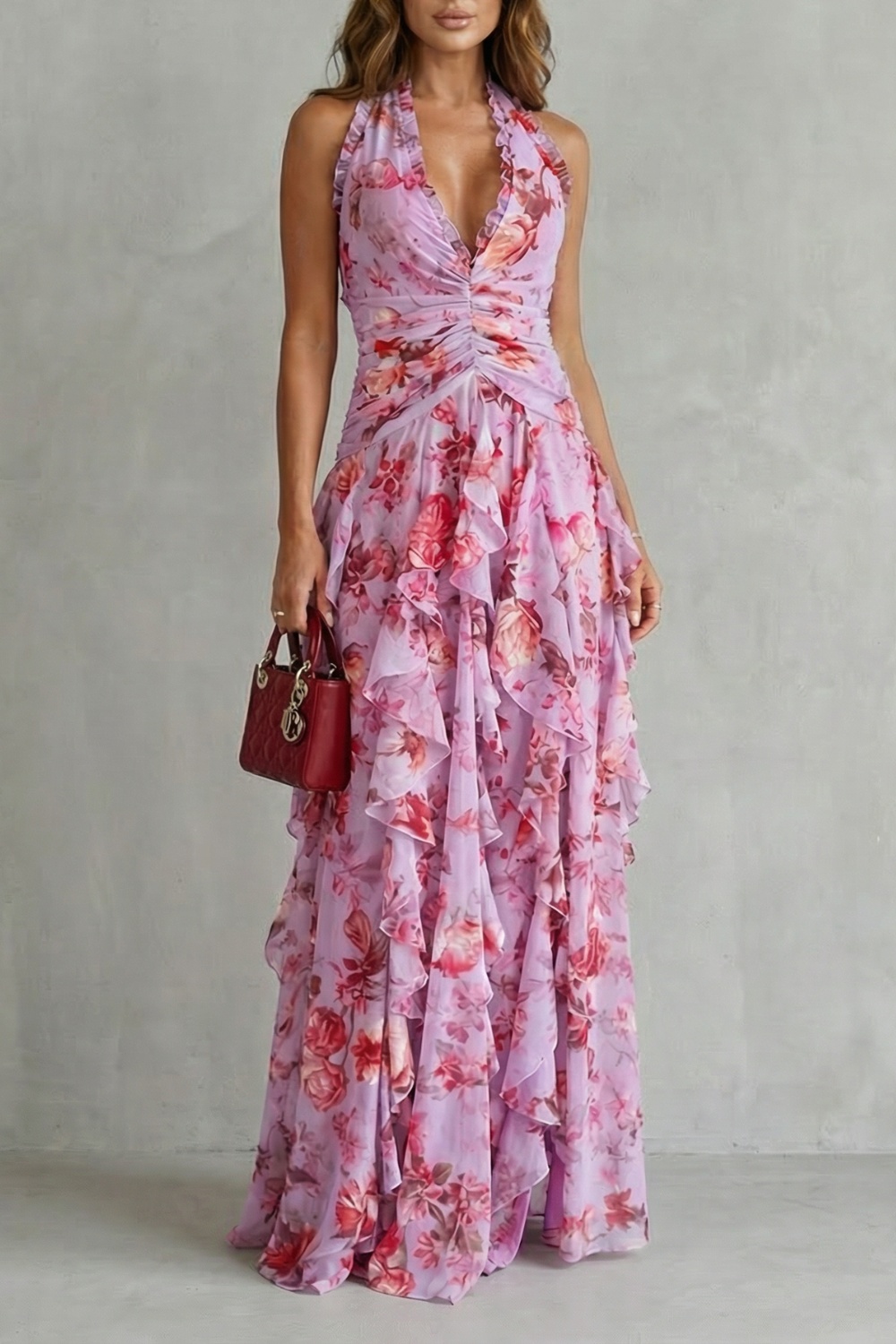 Women's Floral Halter Maxi Dress V-Neck Ruffle Backless Beach Party Gown