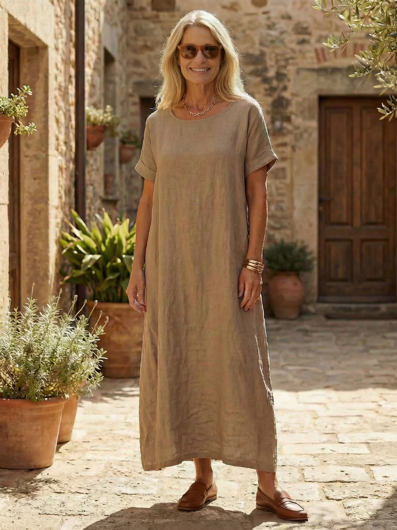Women's Linen Maxi Dress Short Sleeve Round Neck Casual Everyday