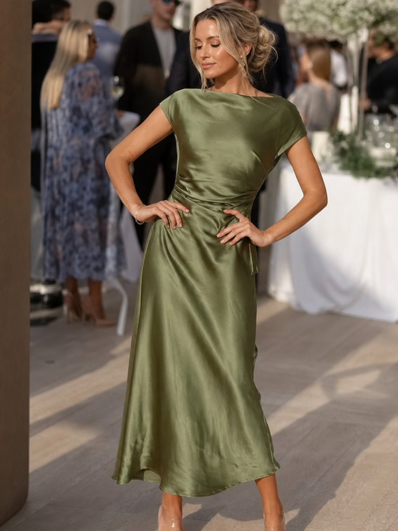Women's Boat Neck Midi Dress Short Sleeve Ruched Waist Satin Wedding Guest