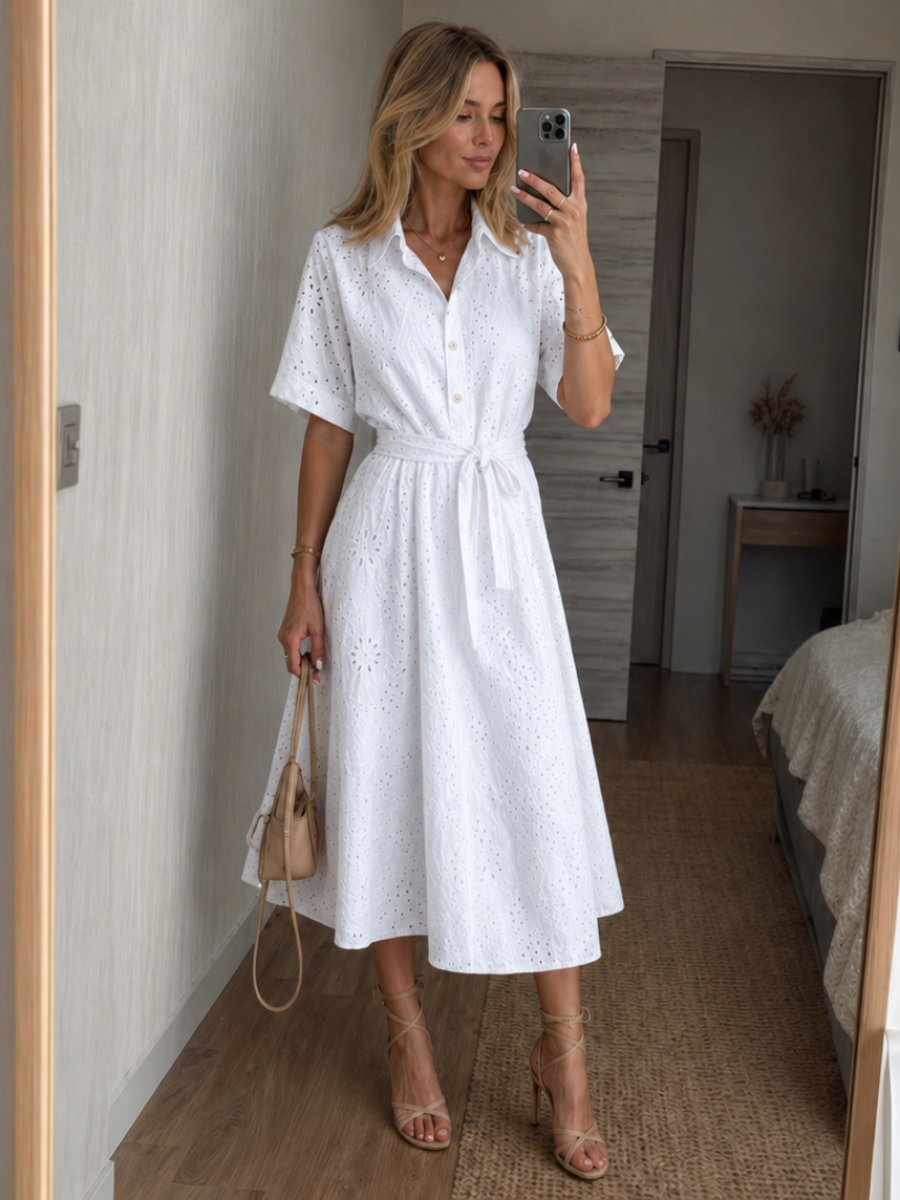 Women's Eyelet Shirt Dress Short Sleeve Button Front Belted Midi Casual