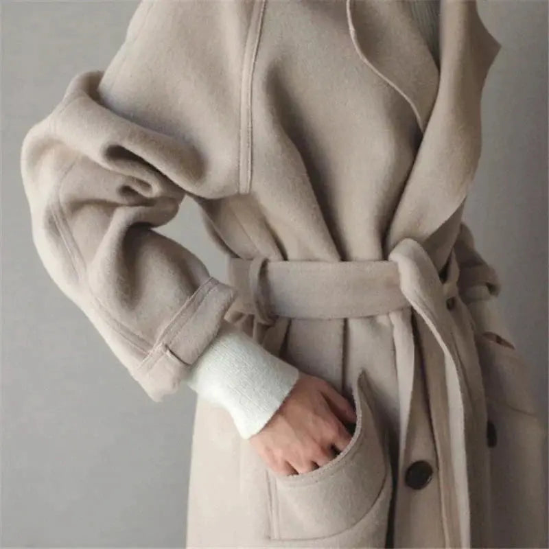 Women’s Longline Trench Coat – Elegant Belted Classic Overcoat