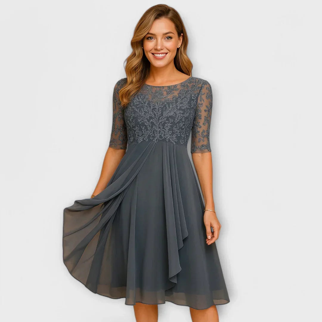 Myrna – Elegant Midi Dress with Lace Sleeves