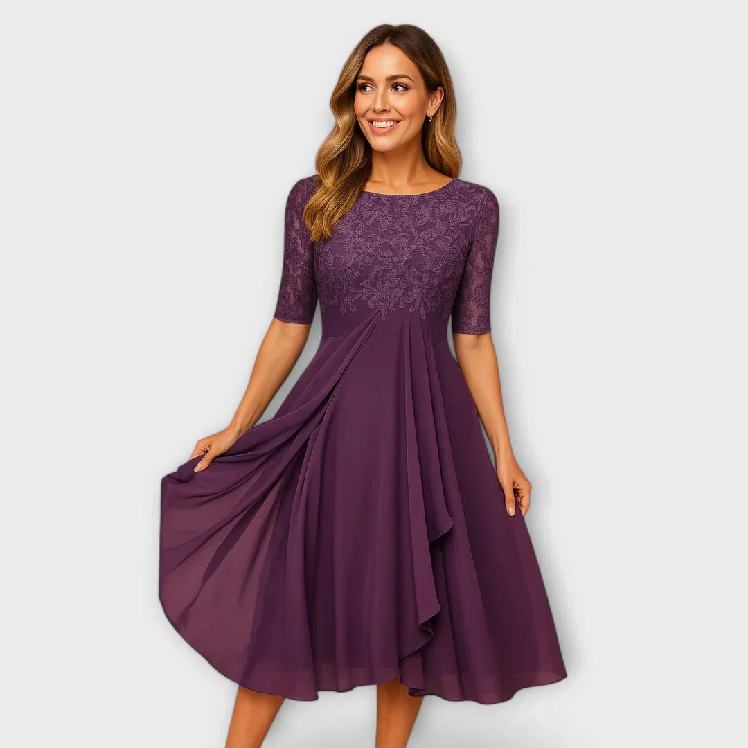 Myrna – Elegant Midi Dress with Lace Sleeves