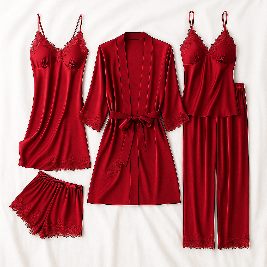 Women's 5 Piece Satin Pajama Set Lace Trim Cami Robe Shorts Pants
