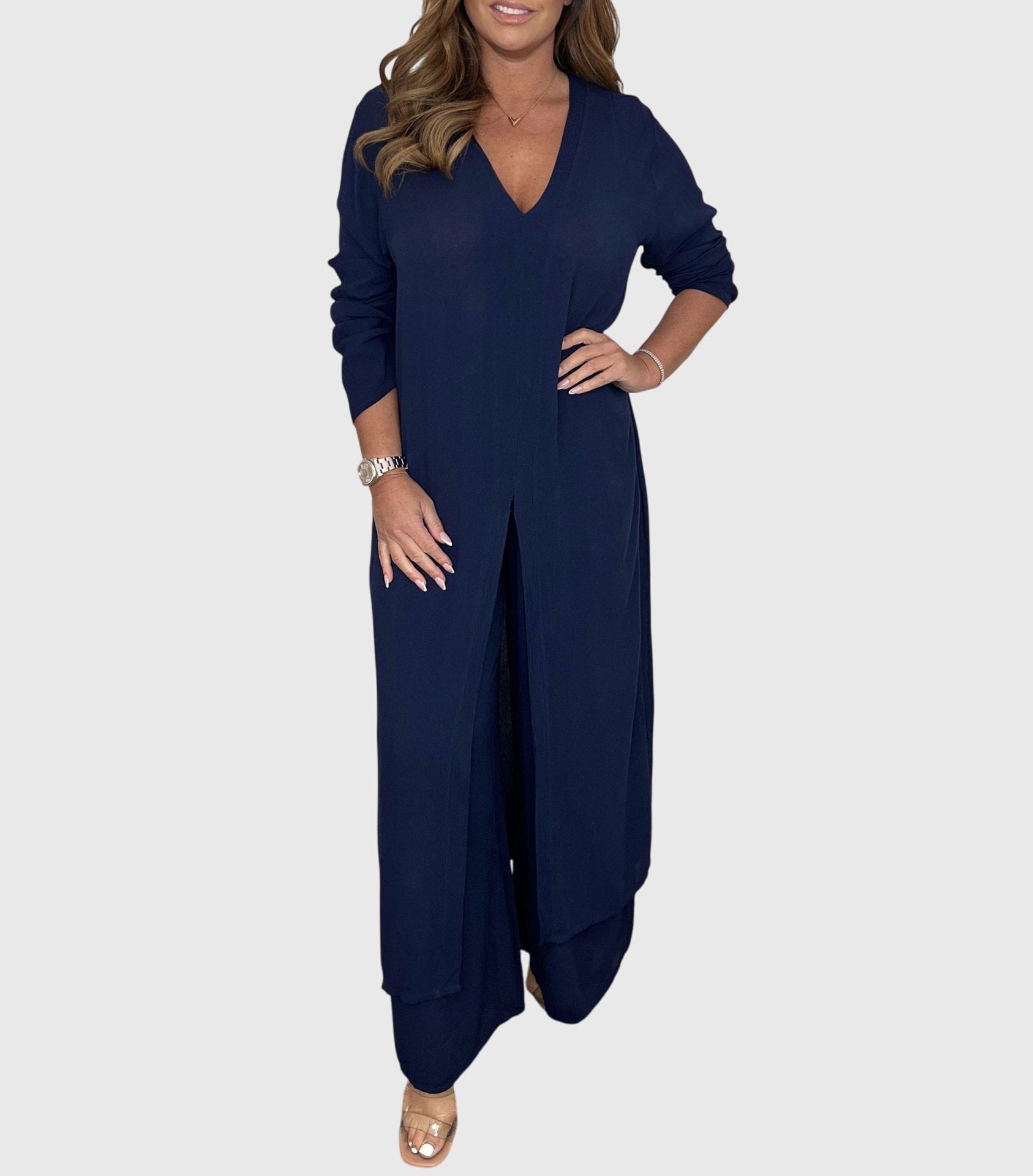 Pearl | Women's Duster Cardigan Two-Piece Set Wide Leg Pants