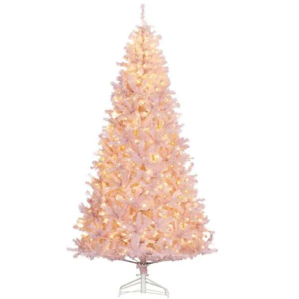 Pre-Lit Pink Christmas Tree 7.5ft – 500 Warm White LED Lights, 1346 Tips, Hinged Branches