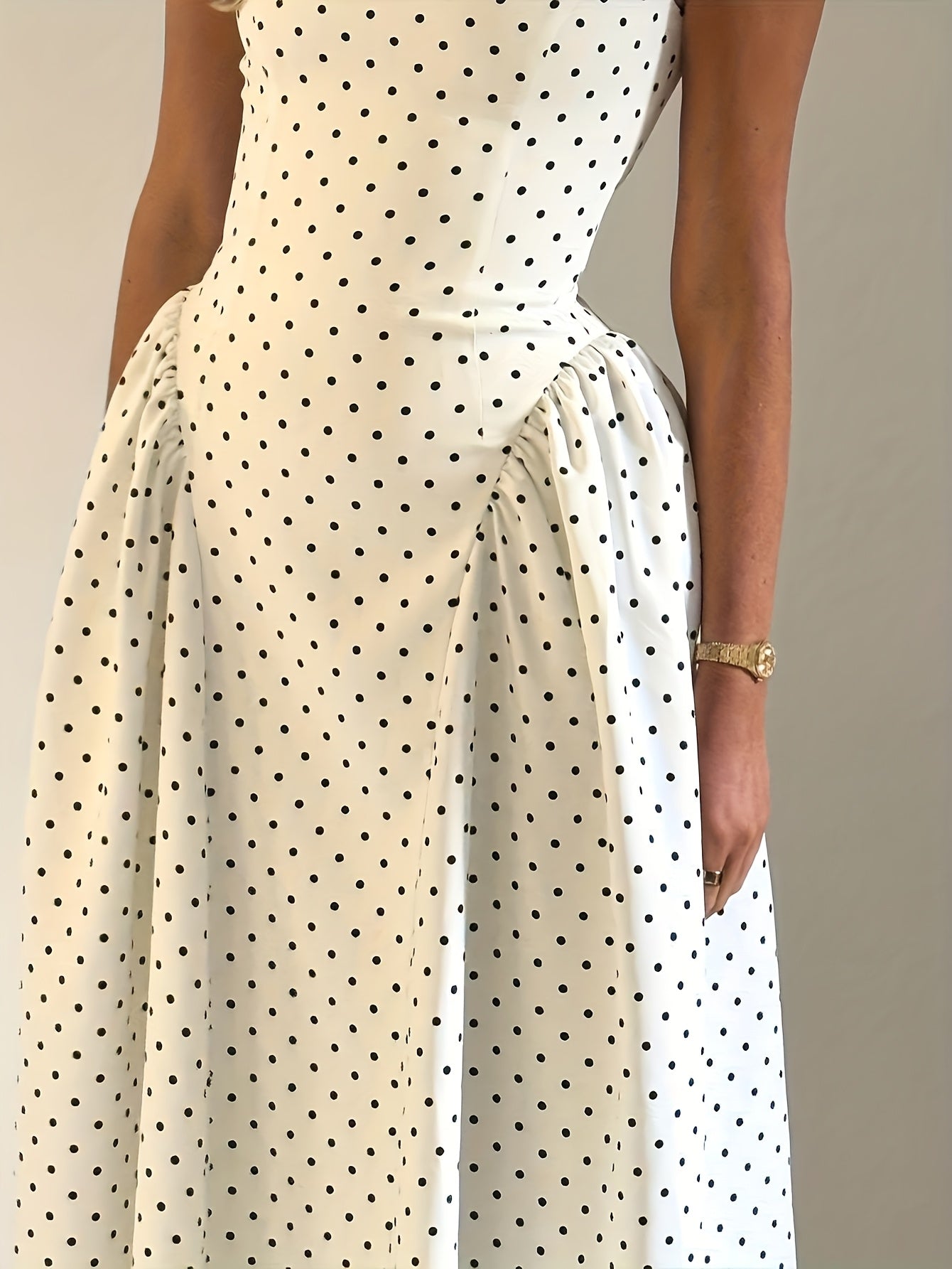 Women's Polka Dot Maxi Dress Mock Neck Cap Sleeve Ruched Waist A-Line Casual Wear