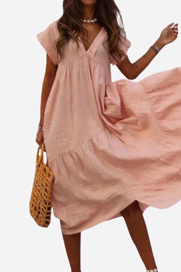 Rosie | Women's V-Neck Tiered Midi Dress with Flutter Sleeves