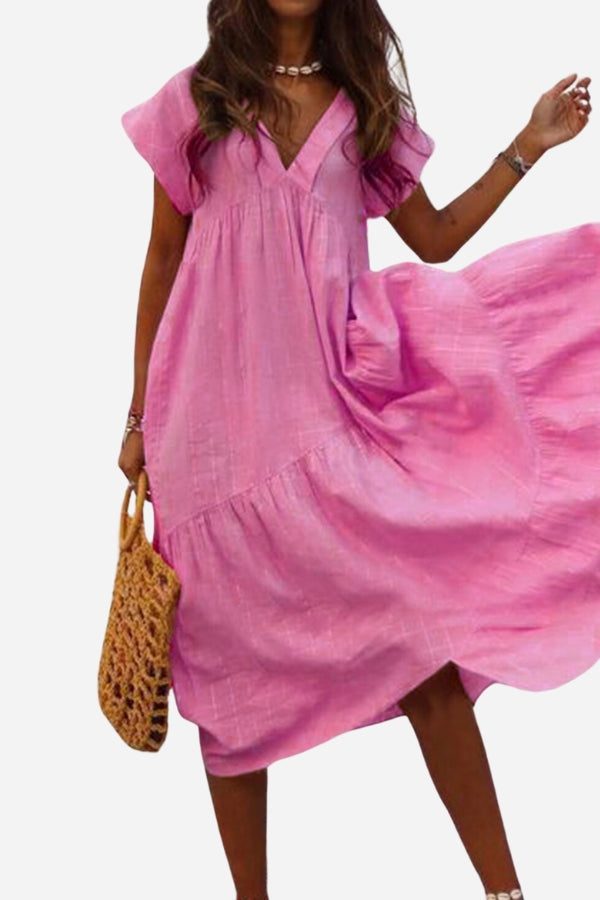 Rosie | Women's V-Neck Tiered Midi Dress with Flutter Sleeves
