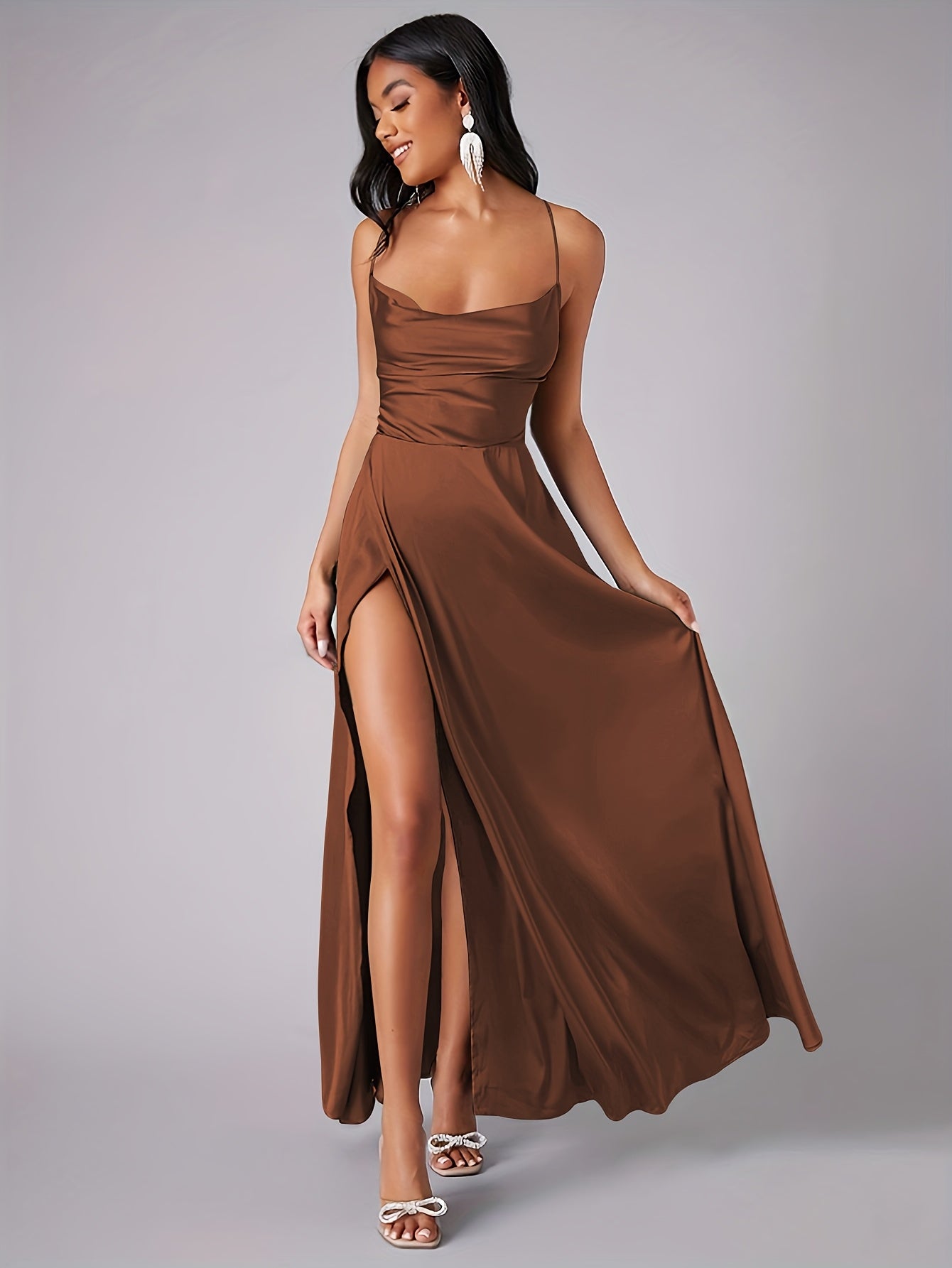 Women's Backless Maxi Dress Cowl Neck Spaghetti Strap Side Split Lace-Up Party Evening Gown