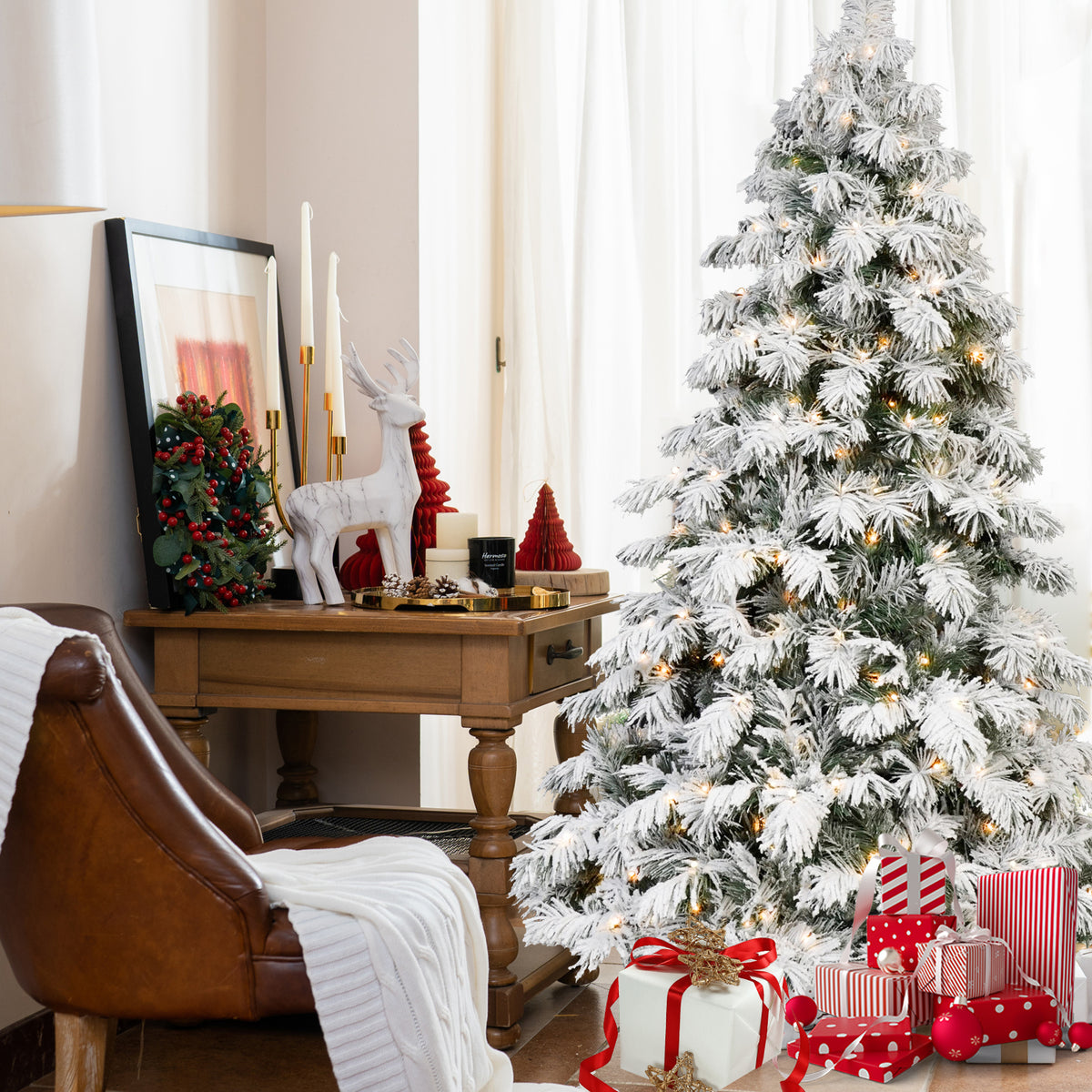 Pre-Lit Snow Flocked Christmas Tree 5ft, 6ft, 7ft, 8ft – Warm White LED, Hinged Branches