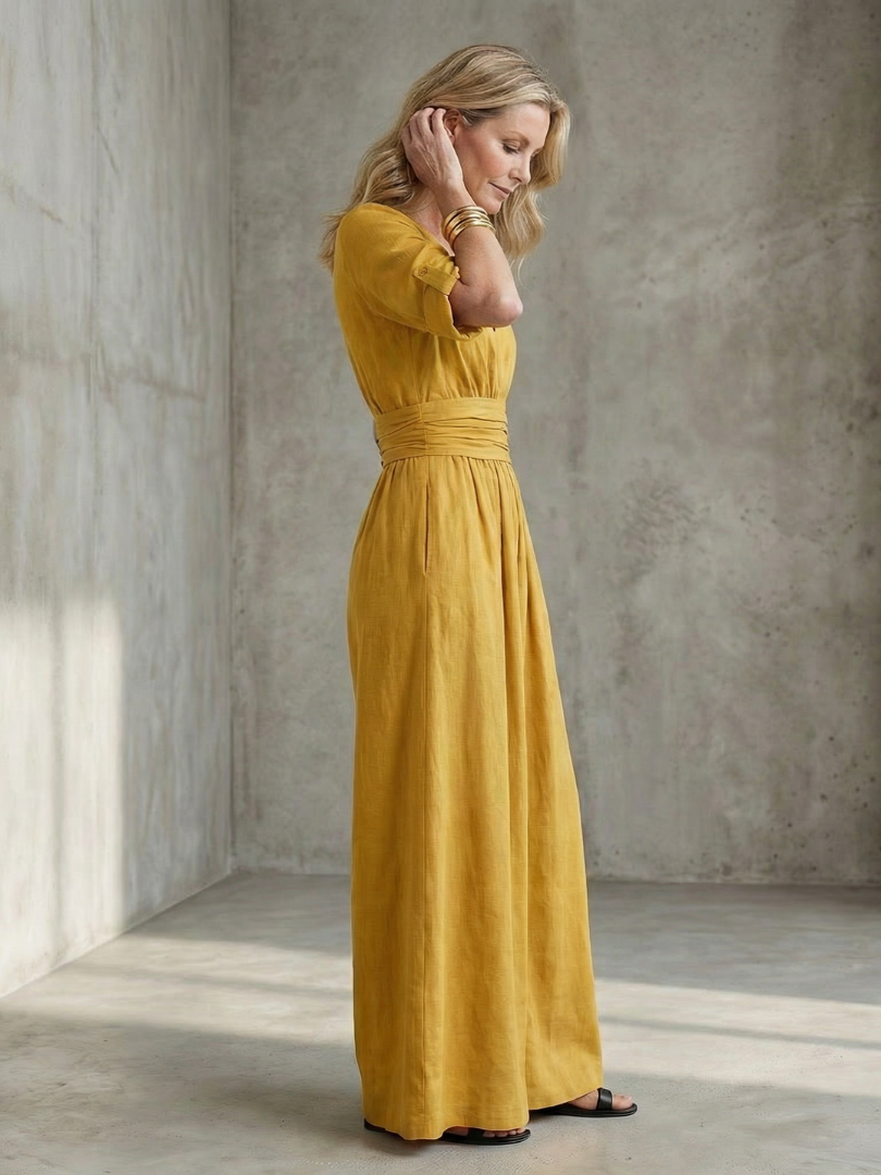 Women's Cross Front Wide Leg Jumpsuit V-Neck Rolled Sleeve Belted Casual