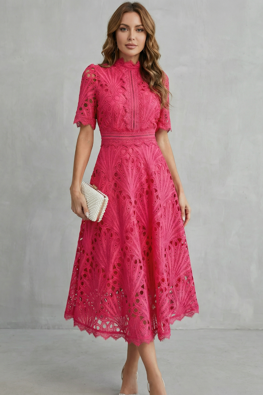 Women's Lace Midi Dress High Neck Short Sleeve Eyelet A-Line Cocktail Party