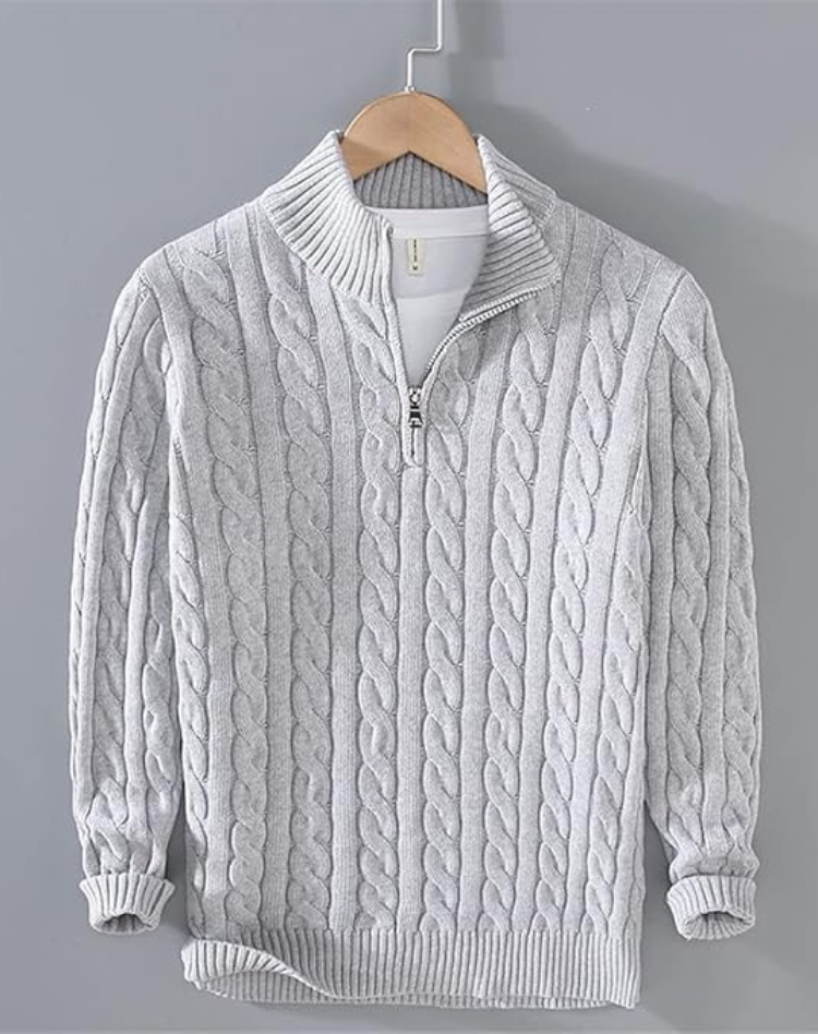 Men's Cable-Knit Half-Zip Sweater with High Collar