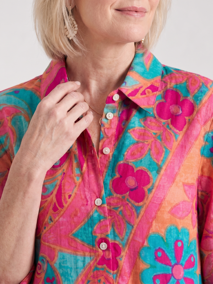 Women's Floral Midi Shirt Dress Button Front Collared 3/4 Sleeve Paisley Print
