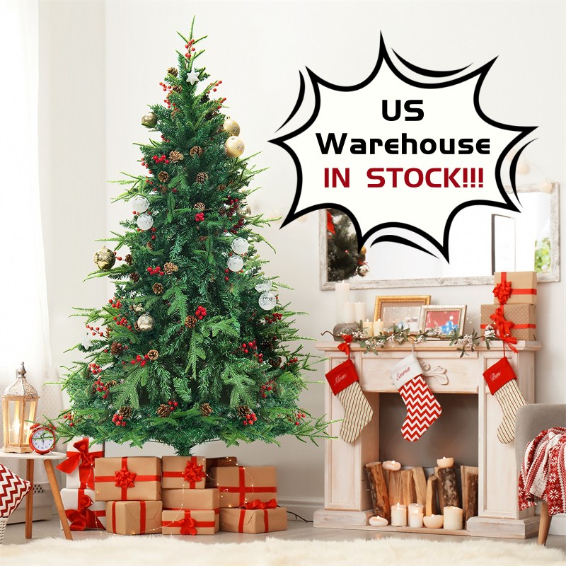 Pre-Lit Artificial Pine Christmas Tree 6ft, 7.5ft – Lighted Green PVC Tree with Metal Stand