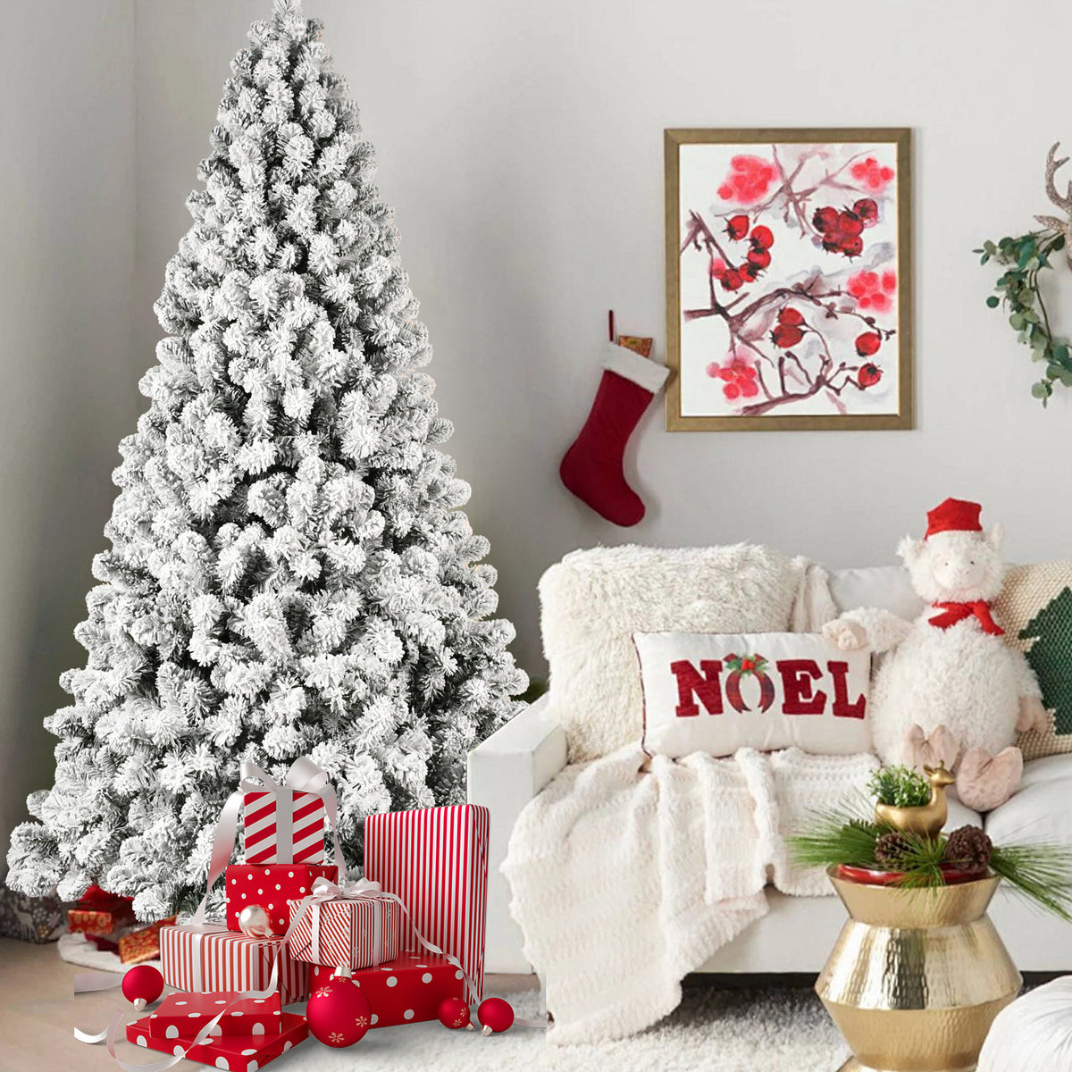 Pre-Lit Snow Flocked Christmas Tree 5ft, 6ft, 8ft, 9ft – Hinged PVC Branches with Lights