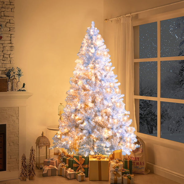 Pre-Lit Silver Christmas Tree 6ft – 300 LED Lights, 11 Light Modes, 800 Tips, Hinged Branches
