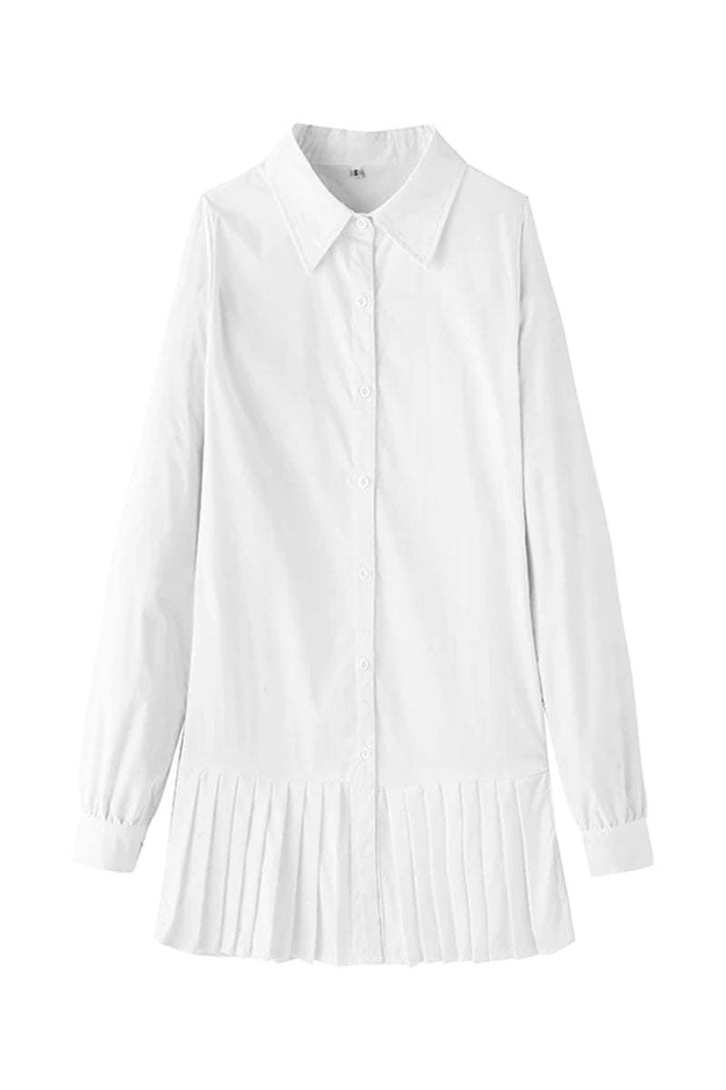 Clara | Women's White Pleated Hem Button-Down Shirt Dress