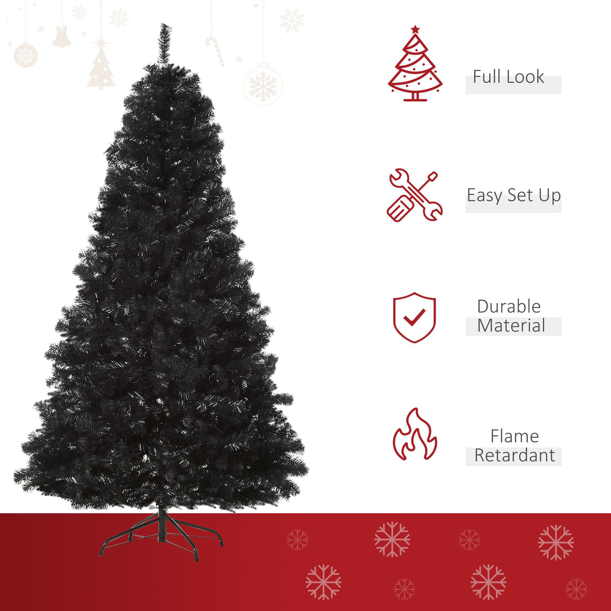 Black Christmas Tree 7ft – Unlit Artificial Tree with Auto-Open PVC Branches, Metal Base