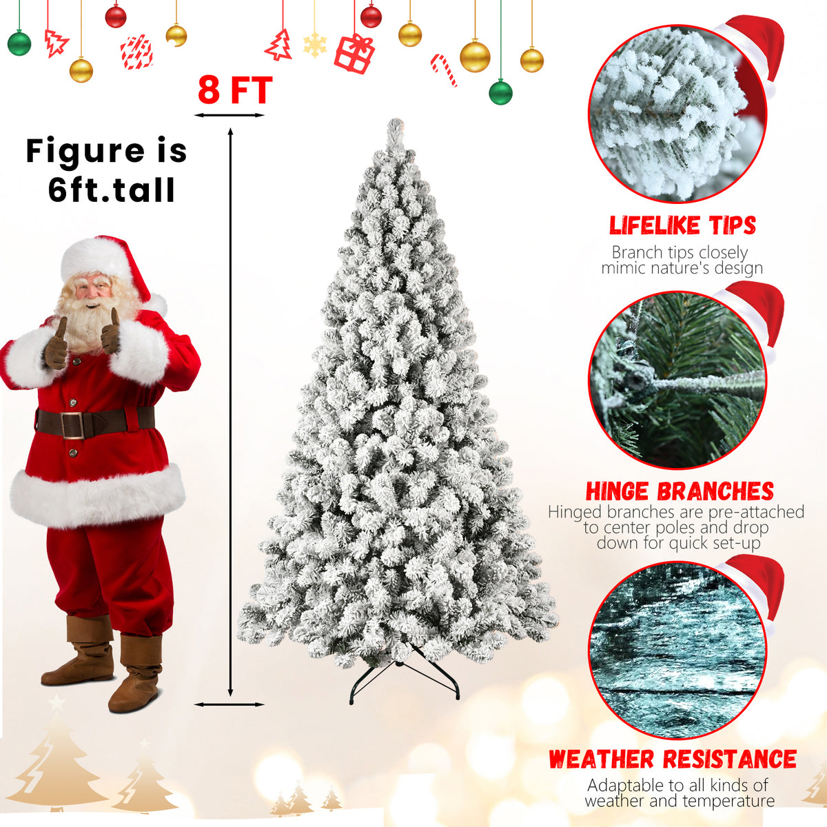 Pre-Lit Snow Flocked Christmas Tree 5ft, 6ft, 8ft, 9ft – Hinged PVC Branches with Lights