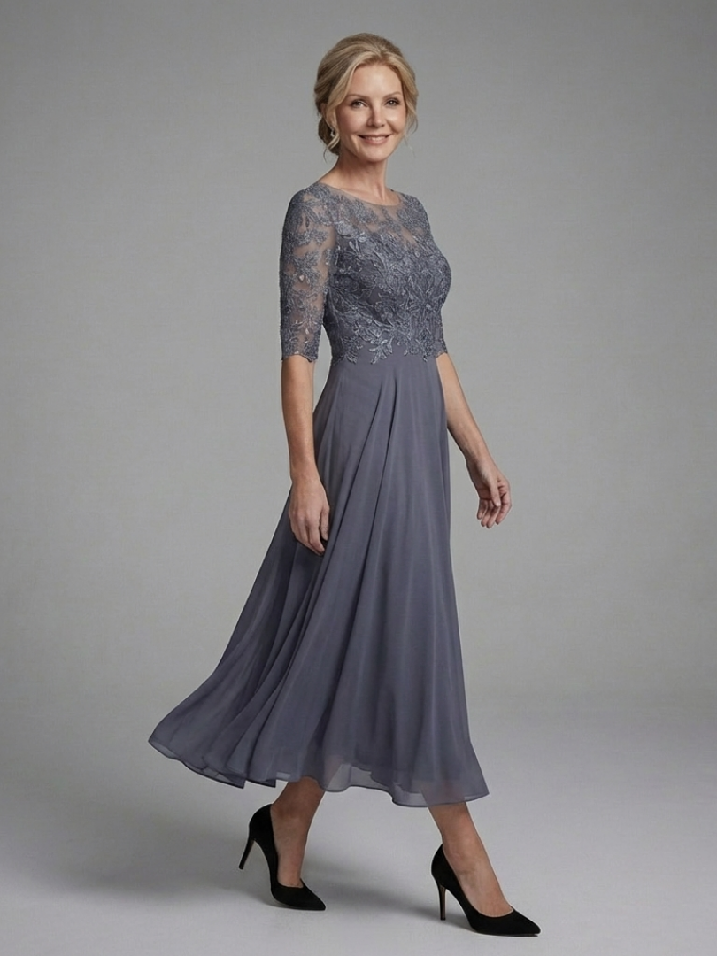 Women's Lace Bodice Midi Dress Sheer Half Sleeve Round Neck A-Line Formal