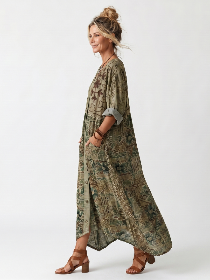 Women's Embroidered Midi Dress V-Neck Button Front Pocket Boho Floral Olive Green