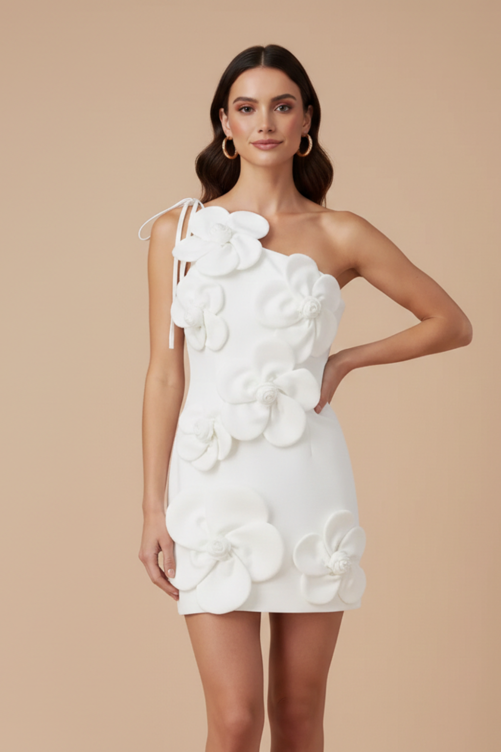 Women's Floral Mini Dress One Shoulder 3D Appliqué Tie Back Party