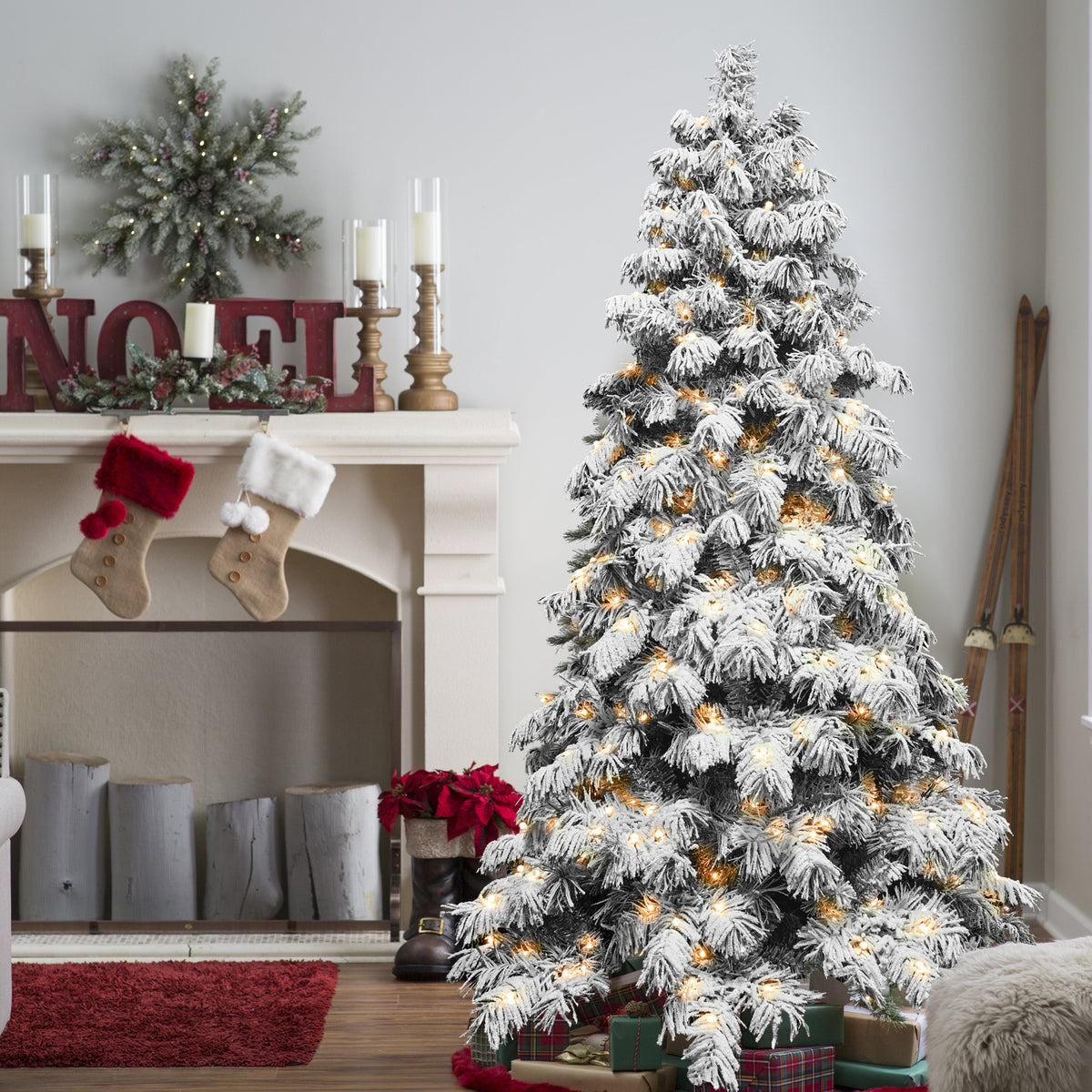 Pre-Lit Snow Flocked Christmas Tree 5ft, 6ft, 7ft, 8ft – Warm White LED, Hinged Branches