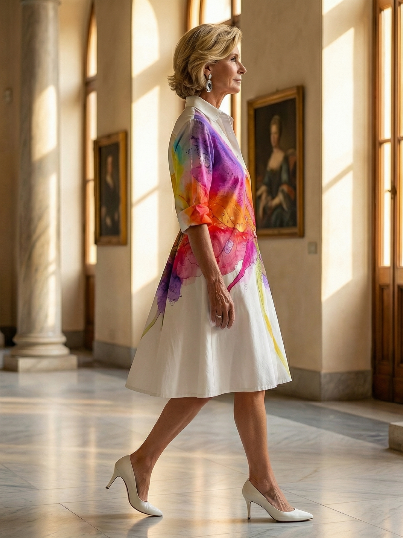 Women's Watercolor Floral Shirt Dress V-Neck Long Sleeve Button-Up Knee-Length Casual