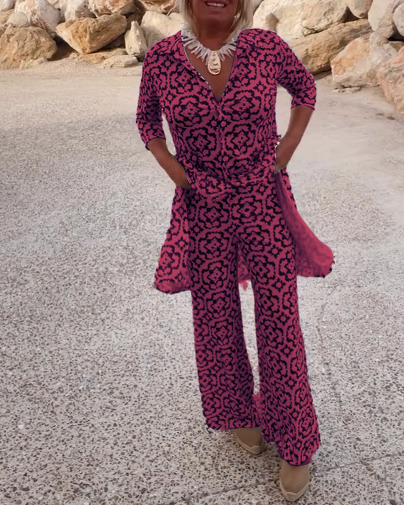 Mosa | Women's Printed Two Piece Set Longline Shirt Straight Pants