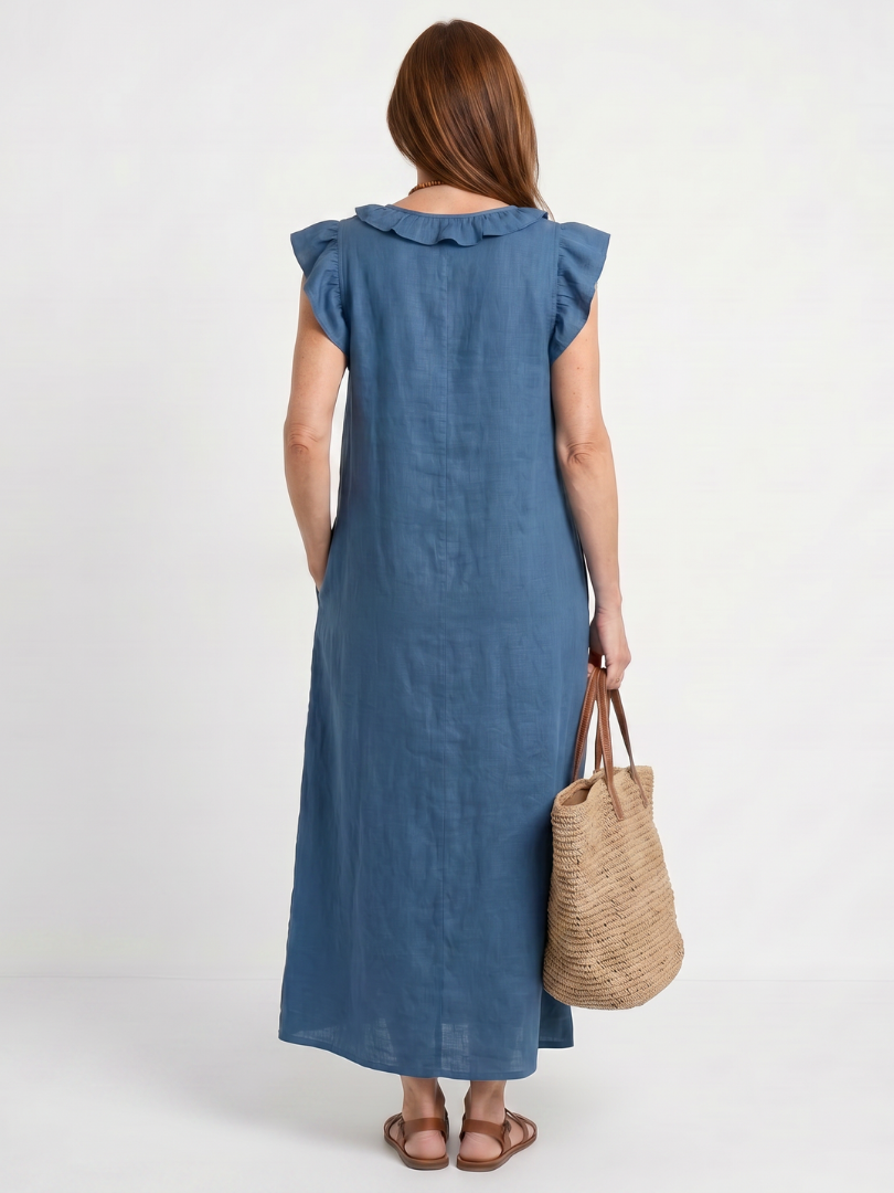 Women's Ruffle Trim V-Neck Sleeveless Midi Dress Blue Casual Beach