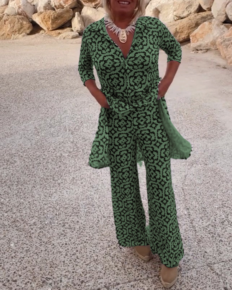 Mosa | Women's Printed Two Piece Set Longline Shirt Straight Pants